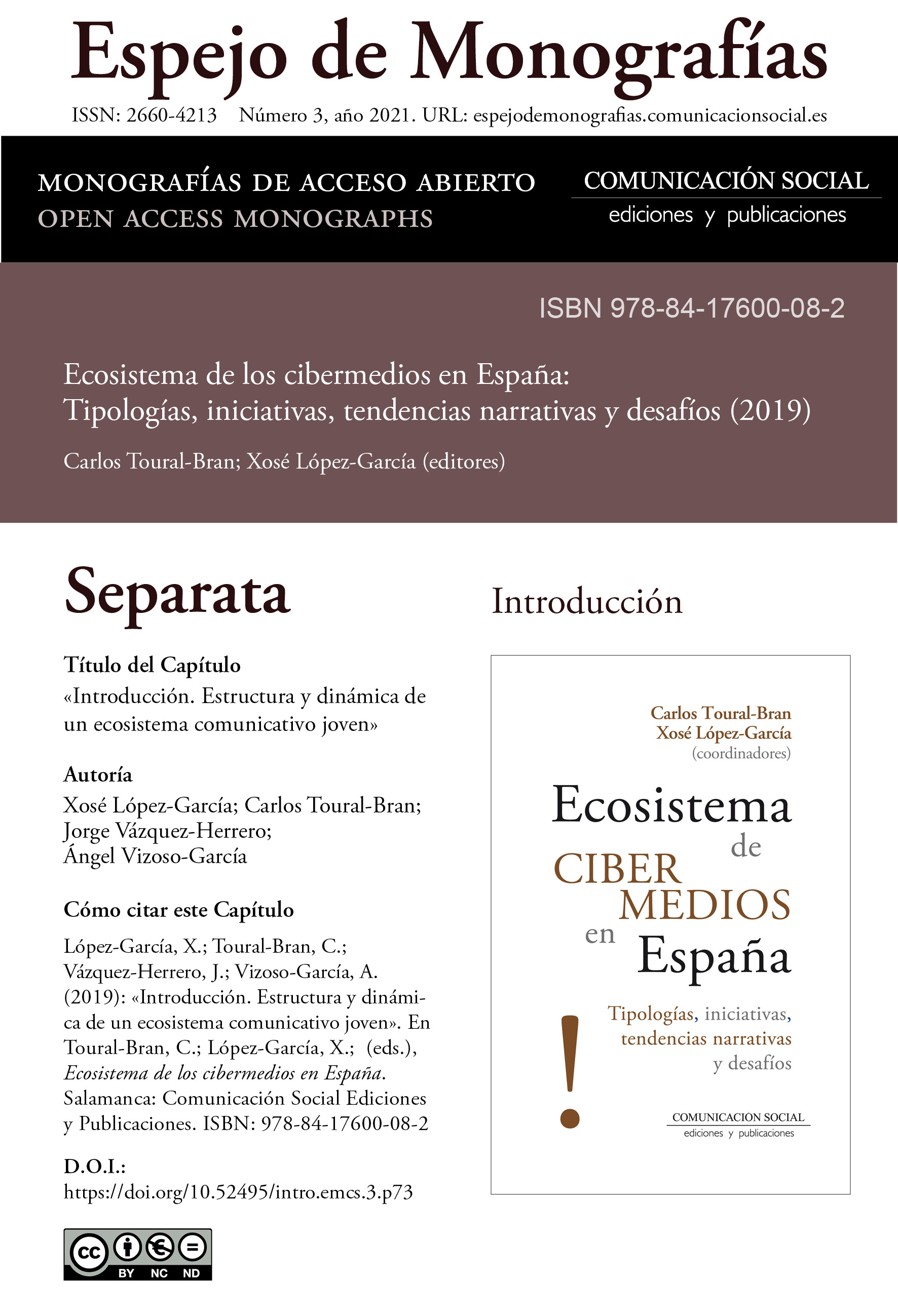 Separata de la Introducción correspondiente a la monografía Ecosistema de cibermedios en España
